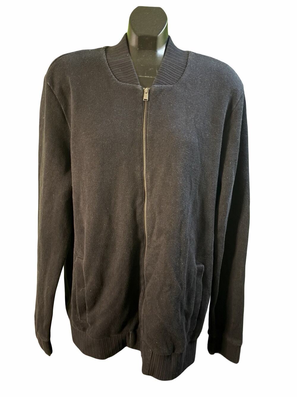 Hugo Boss Slim Fit Full Zip Sweater Men’s XXL Black Ribbed Knit Jacket